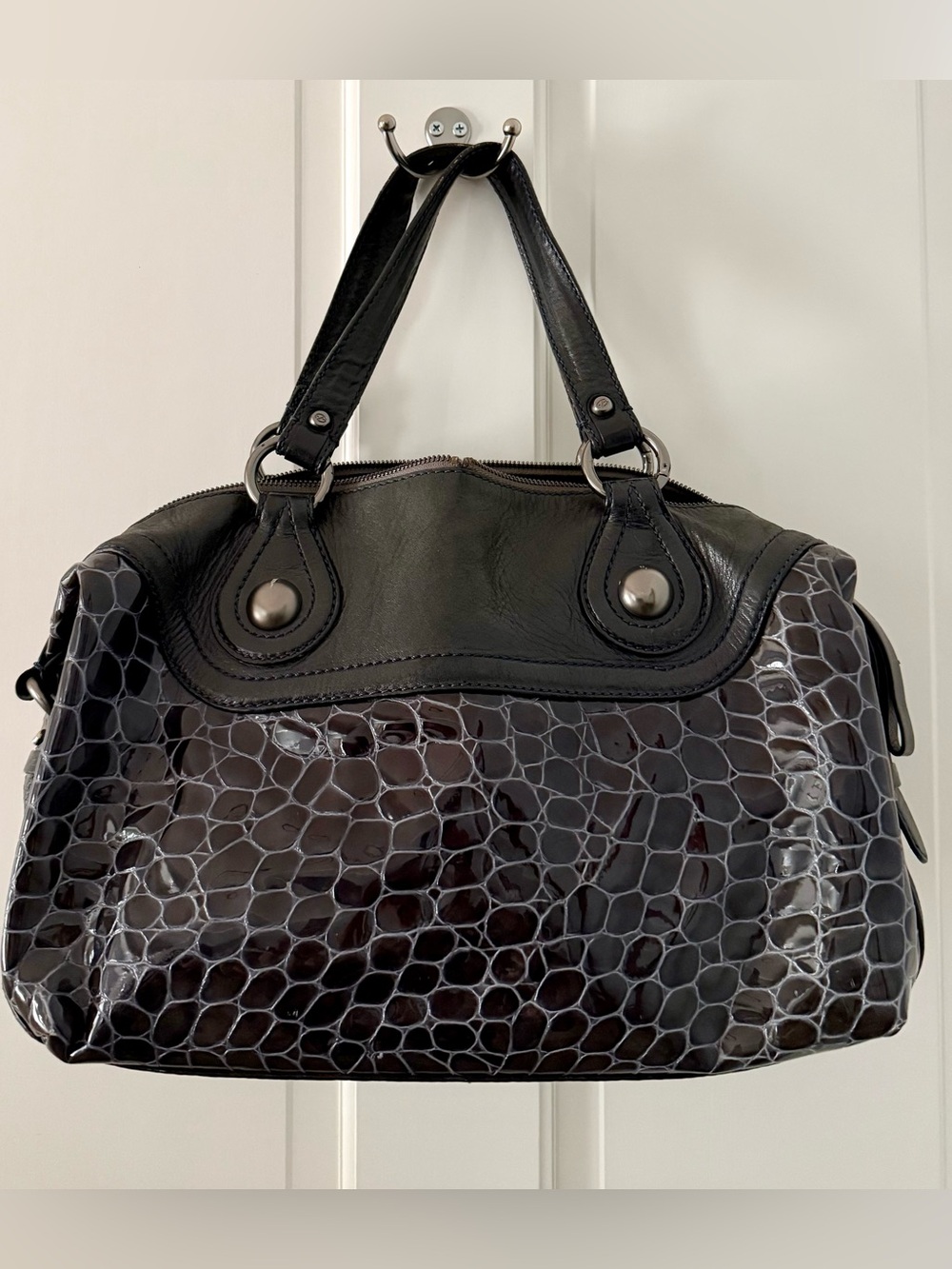 Francesco Biasia Croc-Embossed Patent Satchel Handbag